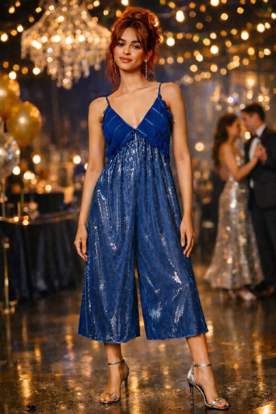 Maeve Anthropologie Sequin Crop Jumpsuit Blue M NWT Ruffle V-Neck Wide Leg Prom